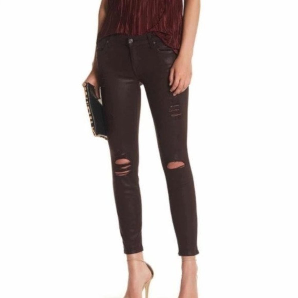 7 For All Mankind Burgundy Distressed Coated Skinny Jeans Size 25 Boho Grunge